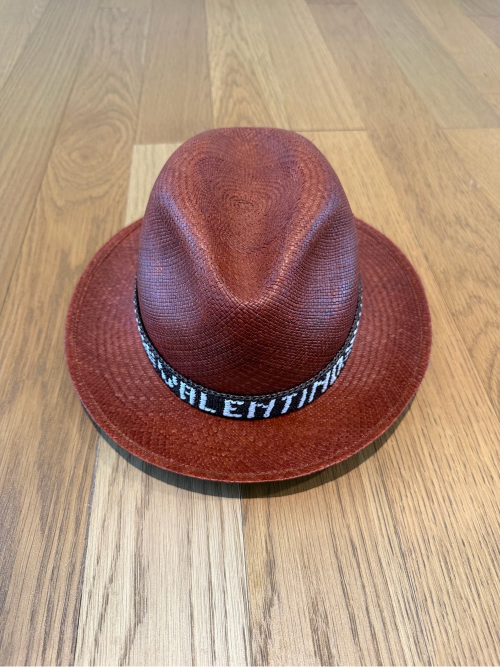 Valentino rust red woven fedora with pink inner band